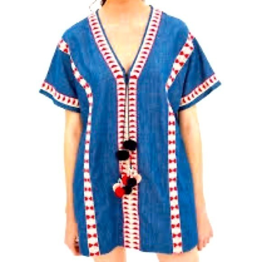 ZARA Denim Pom Pom Summer Dress with‎ Pockets Size Large
